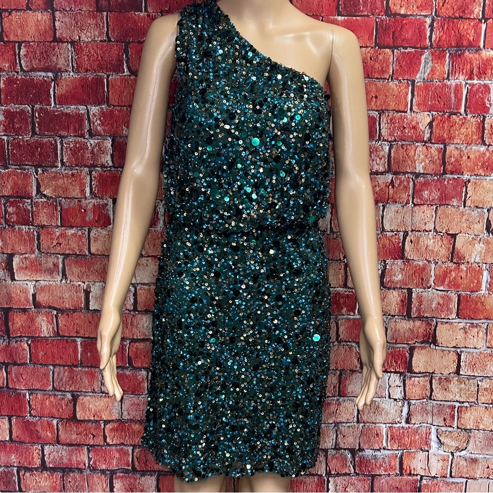 Aidan Mattox Sequined One Shoulder Blouson Dress‎